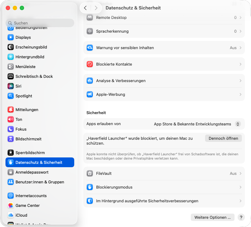 macOS-Einstellungen unter Datenschutz und Sicherheit mit der Schaltfläche Dennoch öffnen